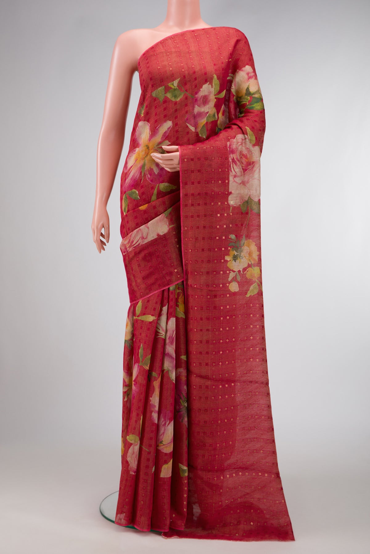 Dark Pink Dual Tone Tussar Silk Saree with Printed design on the body and Embroidery Border.  displayed on a mannequin