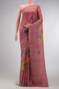 Rose pink Dual Tone Tussar Silk Saree with Printed design on the body and Embroidery Border.  displayed on a mannequin