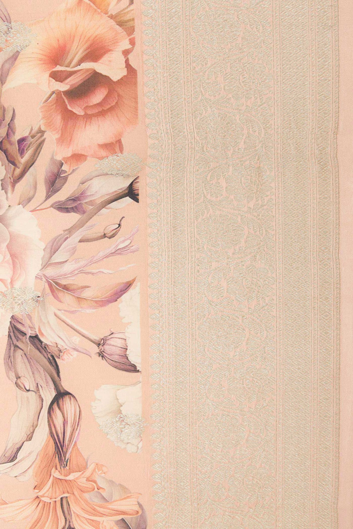 Border image of Peach Dual Tone Tussar Silk Saree with Printed design on the body and Zari Border