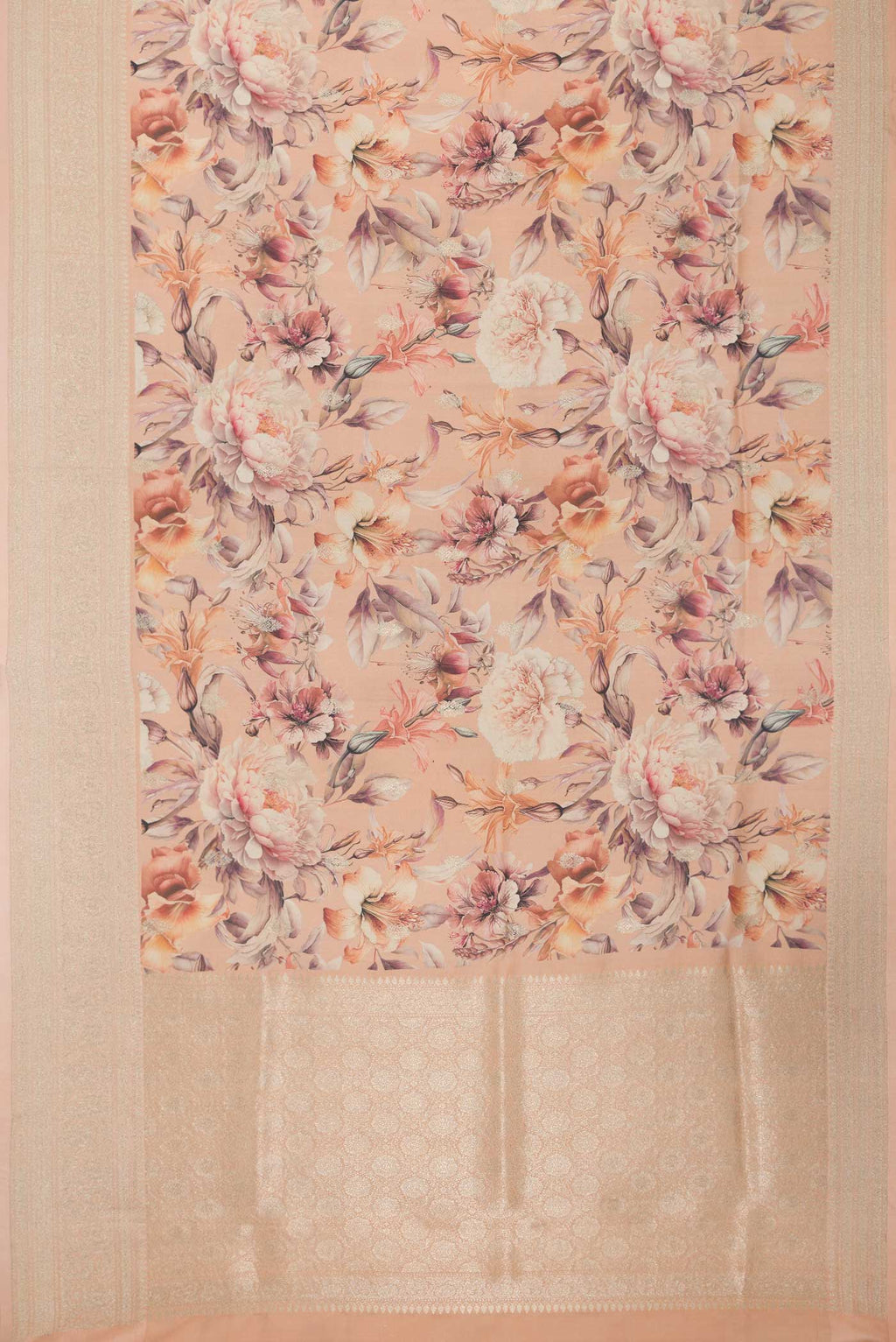 Flat view of Peach Dual Tone Tussar Silk Saree with Printed design on the body and Zari Border
