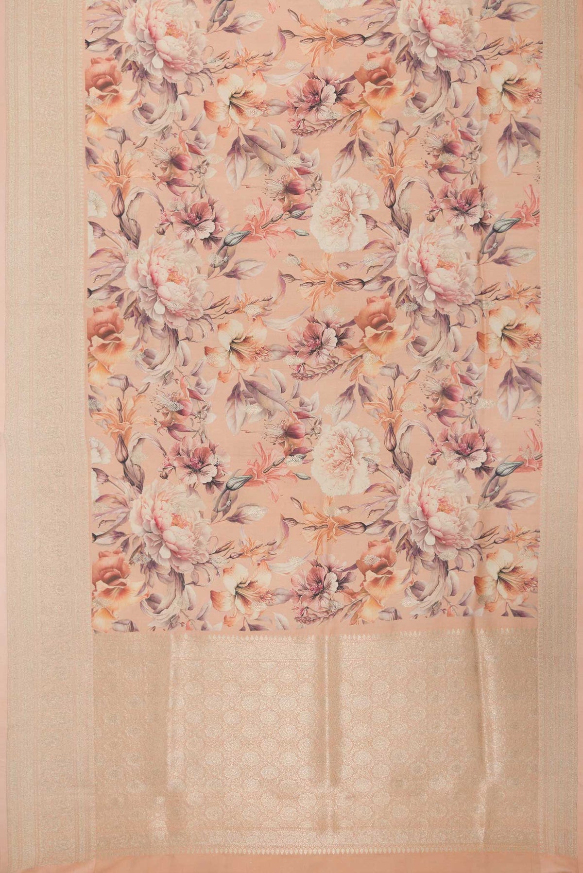Flat view of Peach Dual Tone Tussar Silk Saree with Printed design on the body and Zari Border