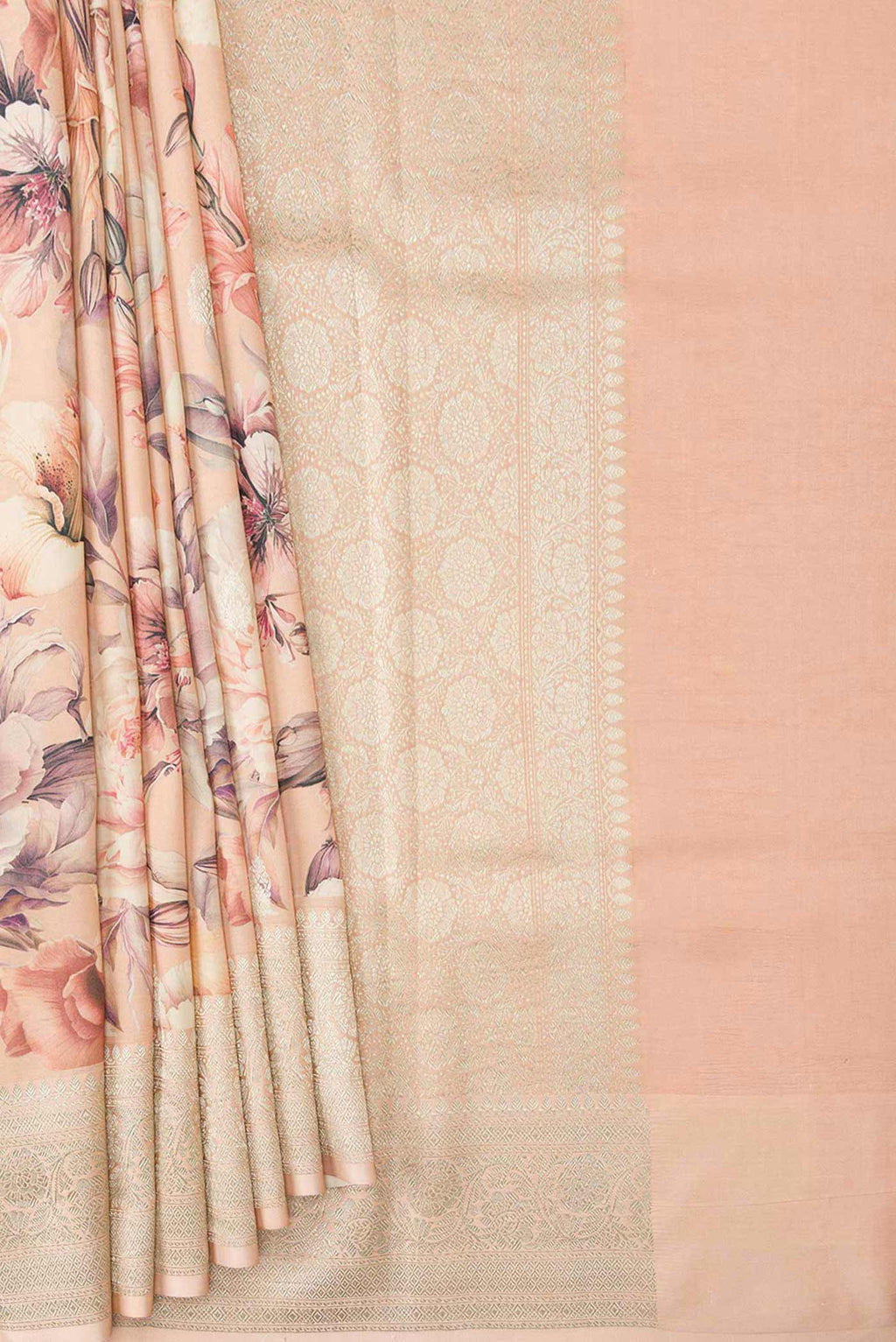 Pleats and pallu of Peach Dual Tone Tussar Silk Saree with Printed design on the body and Zari Border