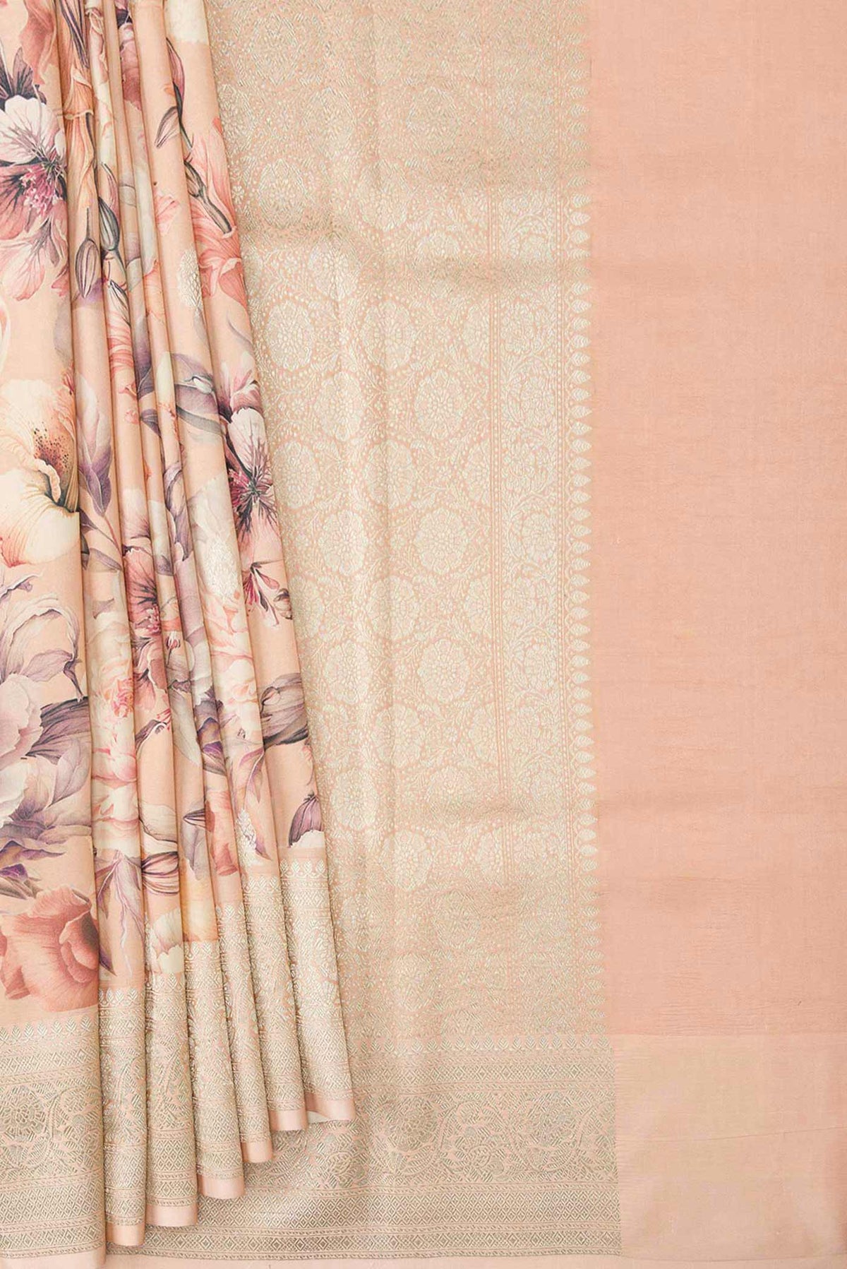 Pleats and pallu of Peach Dual Tone Tussar Silk Saree with Printed design on the body and Zari Border