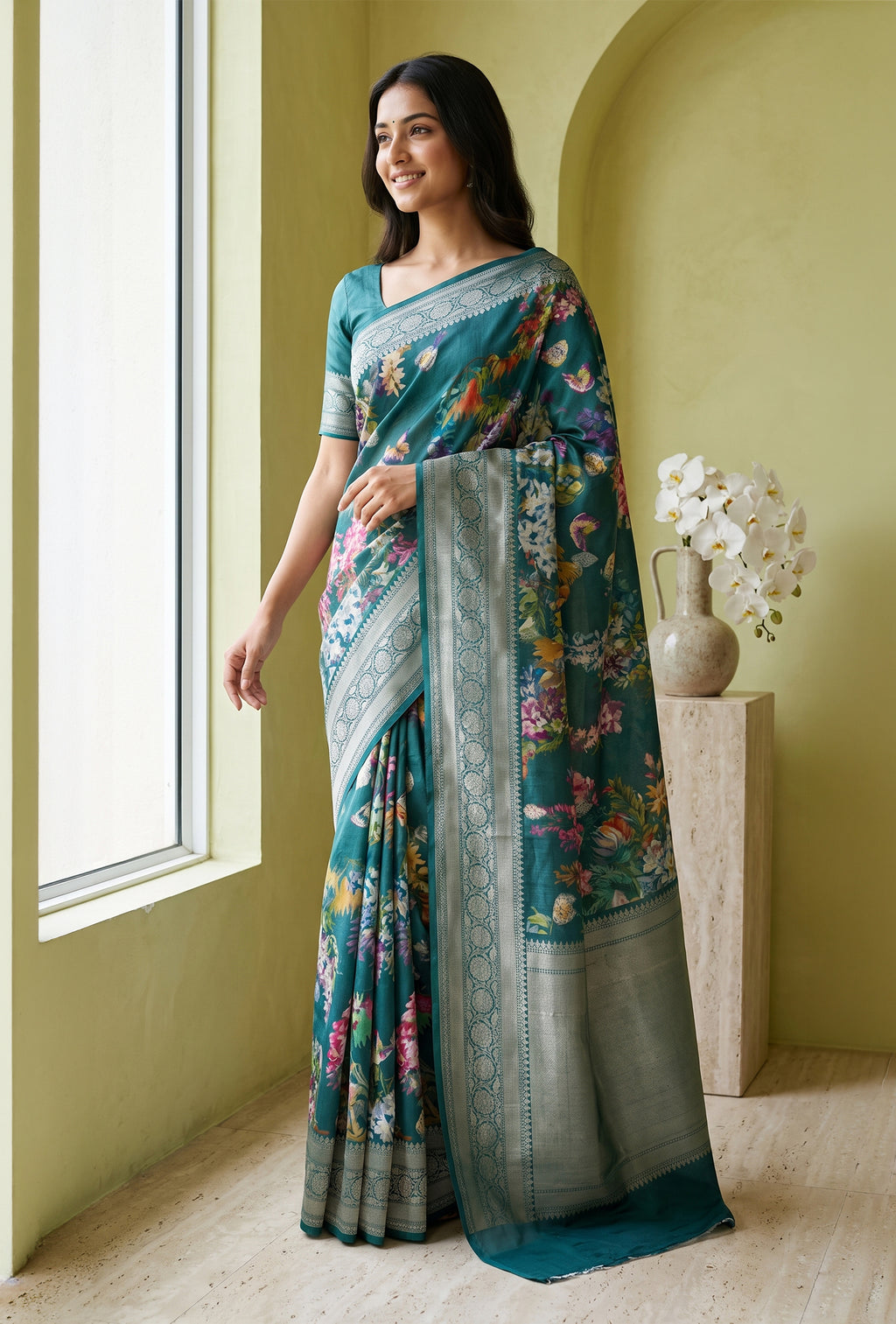 Model wearing a Blue Tussar Silk Saree with Floral Print on the body and Zari Border.