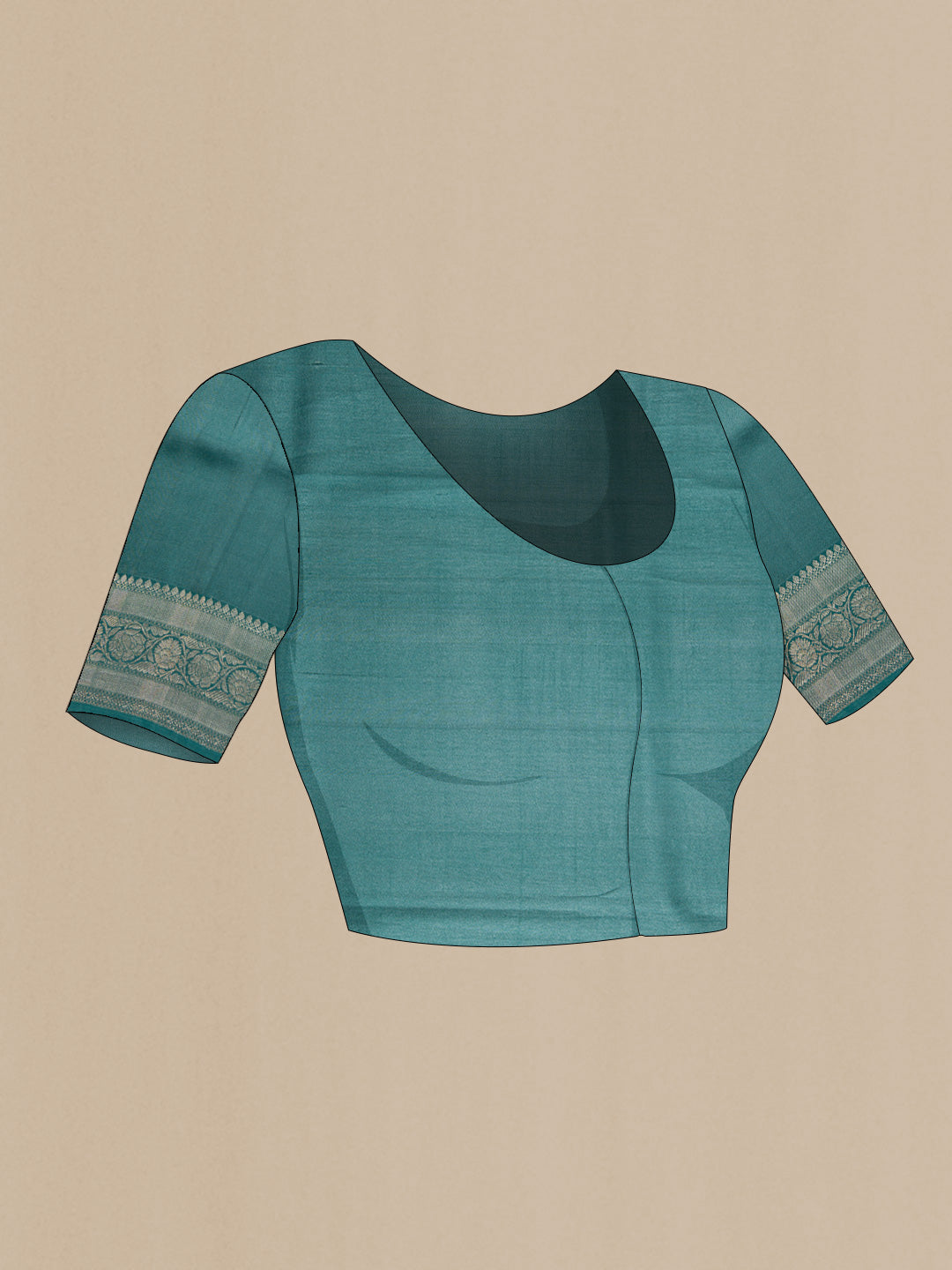Close up image of the blouse of Blue Tussar Silk Saree with Floral Print on the body and Zari Border
