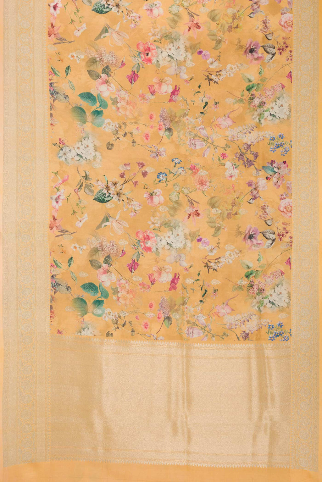 Flat view of Sandal Dual Tone Tussar Silk Saree with Printed design on the body and Zari Border