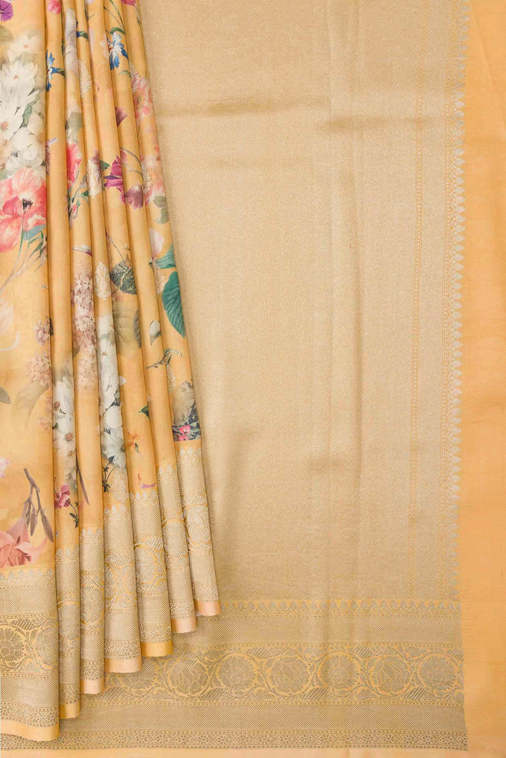 Pleats and pallu of Sandal Dual Tone Tussar Silk Saree with Printed design on the body and Zari Border