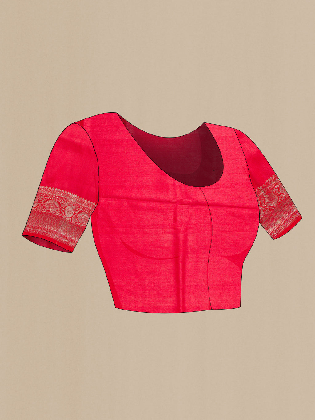 Close up image of the blouse of Red Dual Tone Tussar Saree with Printed design on the body and Zari Border. 