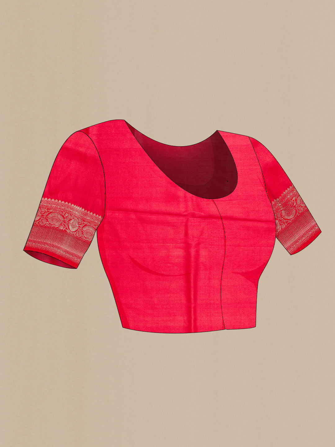 Close up image of the blouse of Red Dual Tone Tussar Saree with Printed design on the body and Zari Border. 