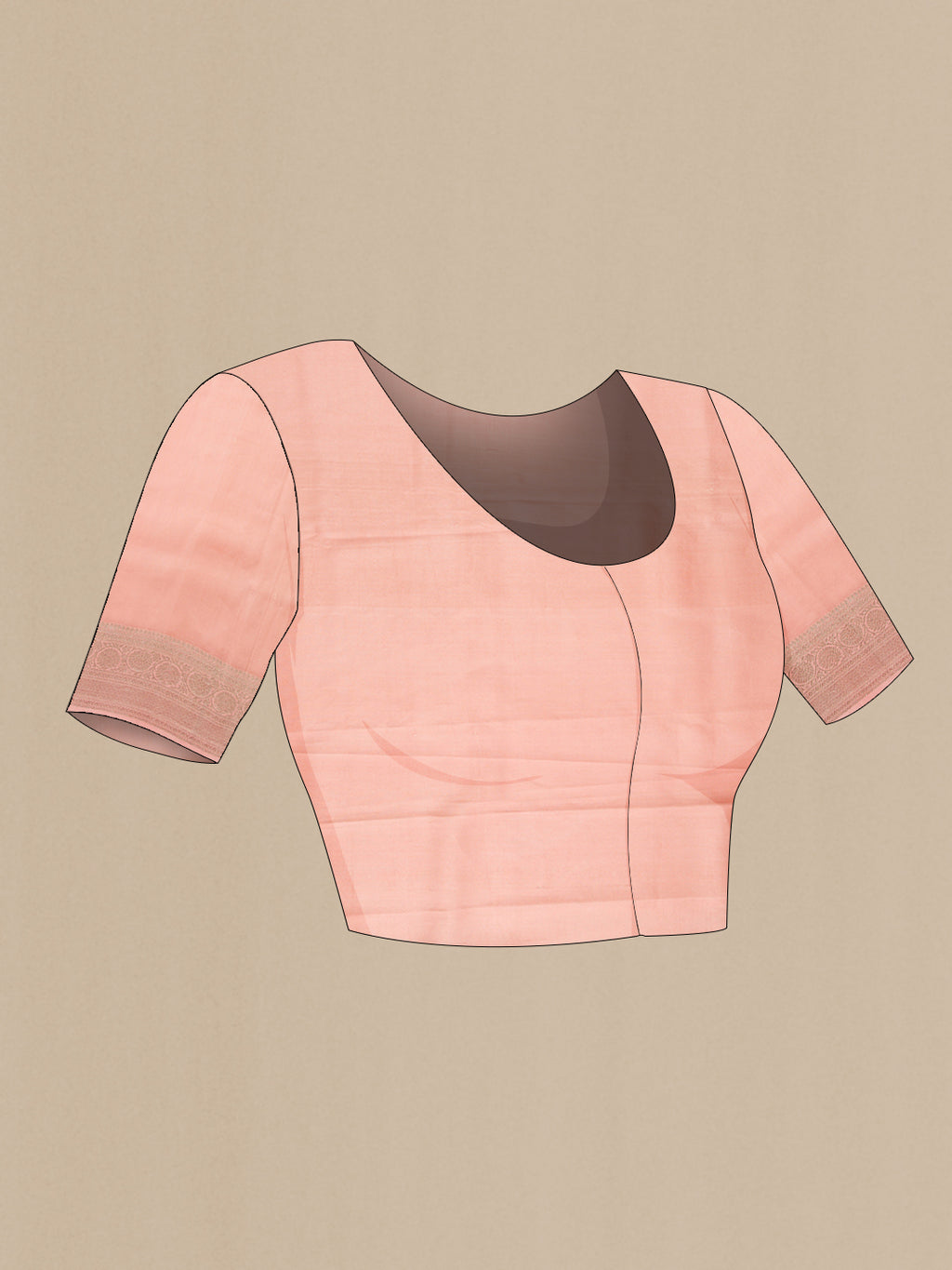 Close up image of the blouse of Rose Gold Dual Tone Tussar Silk Saree with Printed design on the body and Zari Border. 