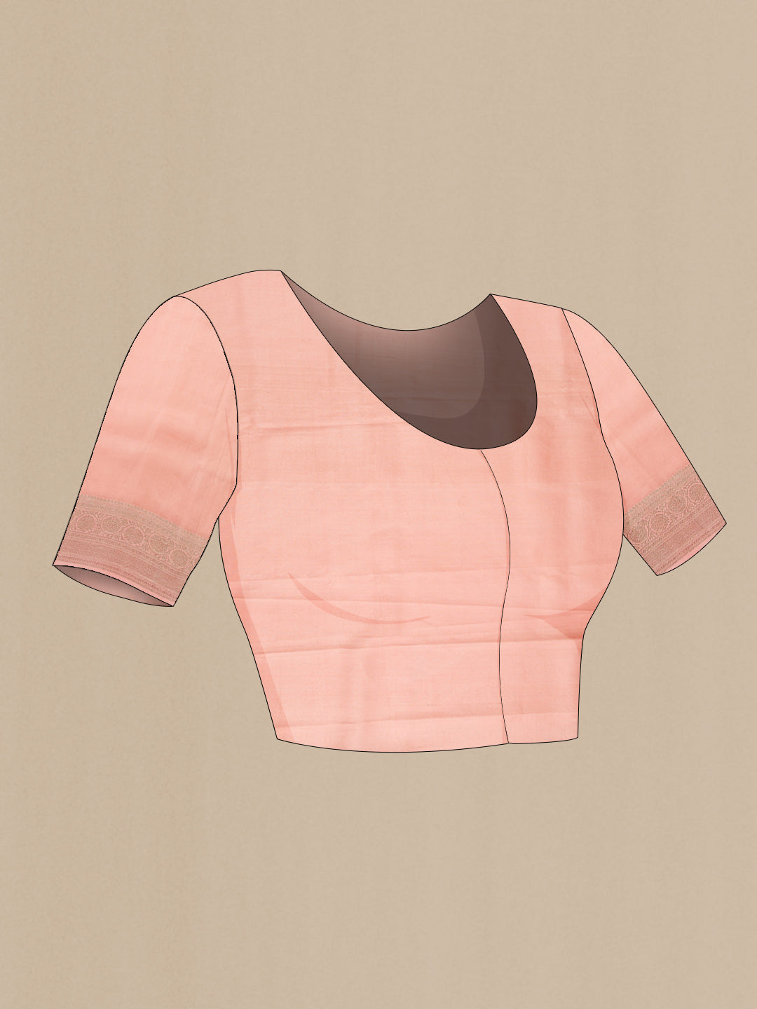 Close up image of the blouse of Rose Gold Dual Tone Tussar Silk Saree with Printed design on the body and Zari Border. 