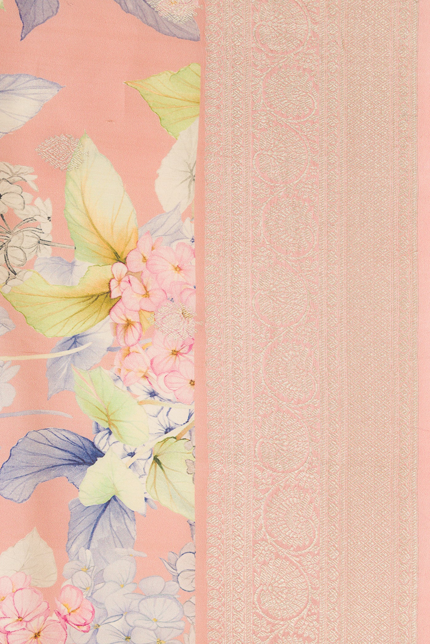 Border image of Rose Gold Dual Tone Tussar Silk Saree with Printed design on the body and Zari Border. 