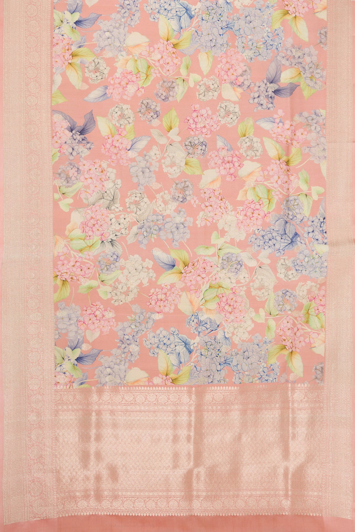 Flat view of Rose Gold Dual Tone Tussar Silk Saree with Printed design on the body and Zari Border. 