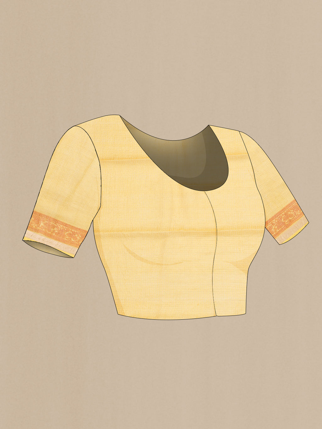 Close up image of the blouse of Yellow Kota Silk Saree with Printed design on the body and Zari Border. 