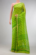 Parrot Green Dual Tone Kota Silk Saree with Printed design on the body and Zari Border.  displayed on a mannequin