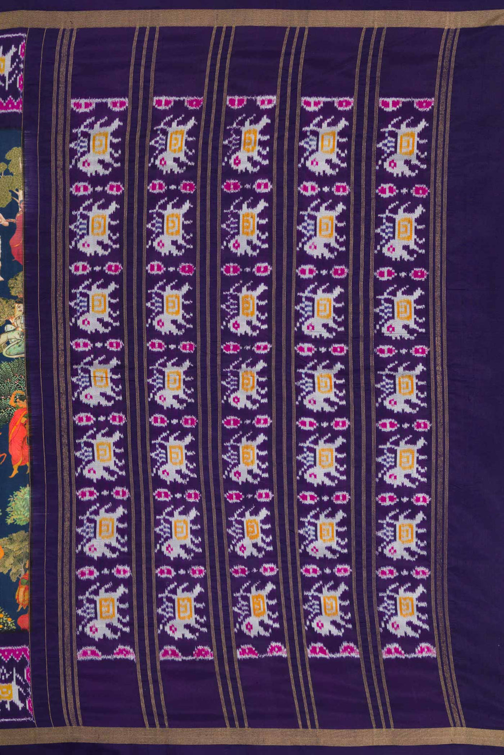 Close up image of the pallu of Navy Blue Dual Tone Kanchipuram Silk Saree with Printed design on the body and Ikat Border