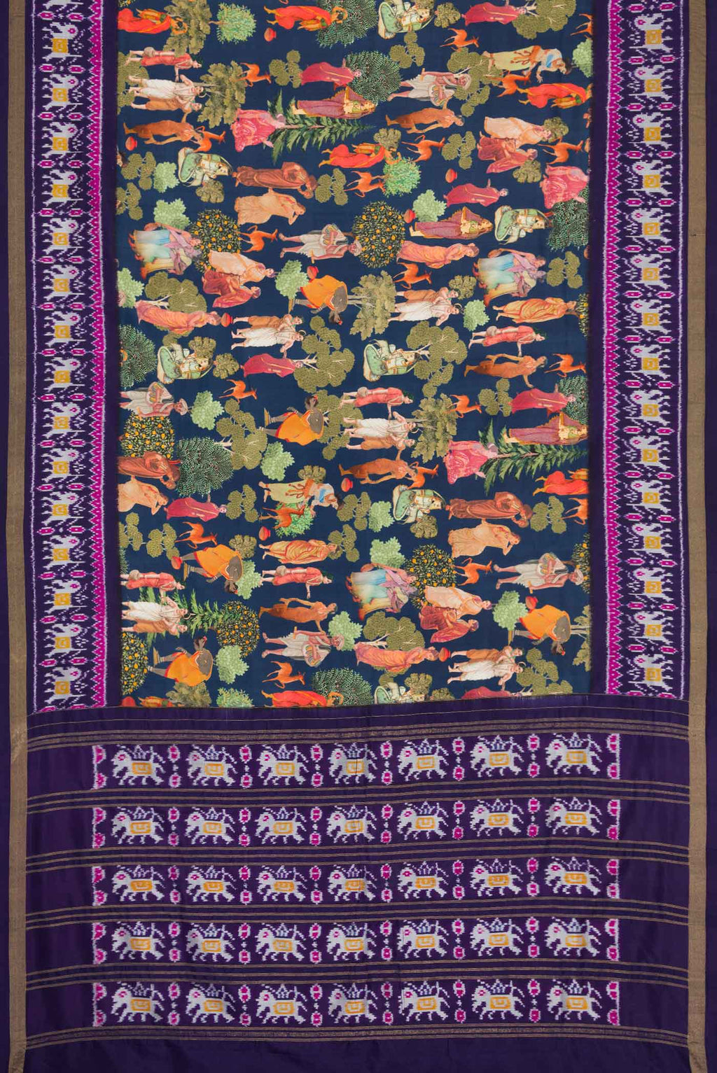 Flat view of Navy Blue Dual Tone Kanchipuram Silk Saree with Printed design on the body and Ikat Border