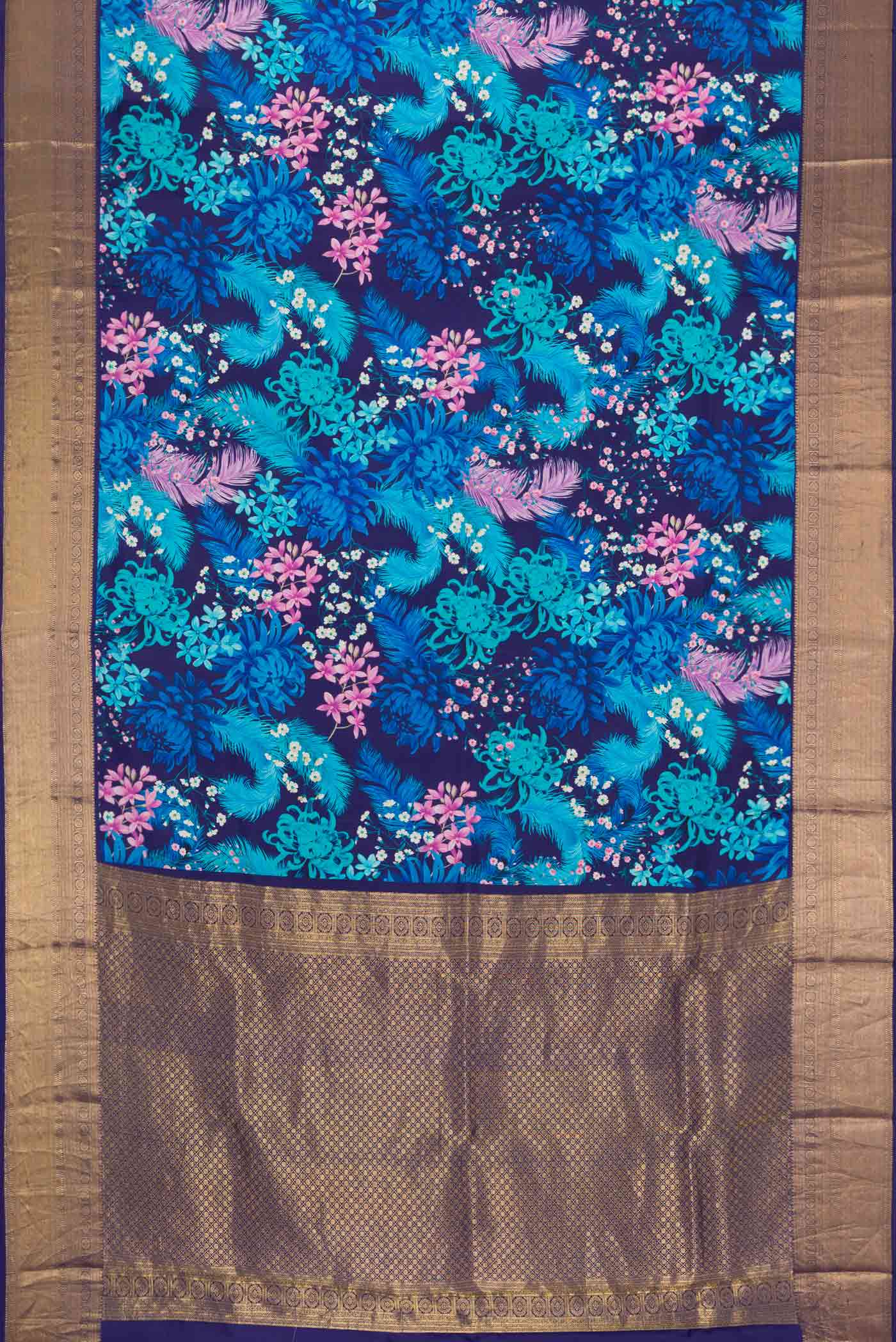 Flat view of Blue Dual Tone Kanchipuram Silk SareePrinted design on the body and Zari Border