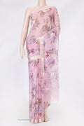 Pink Kota Silk Saree with Floral Print on the body and Zari Border.  displayed on a mannequin
