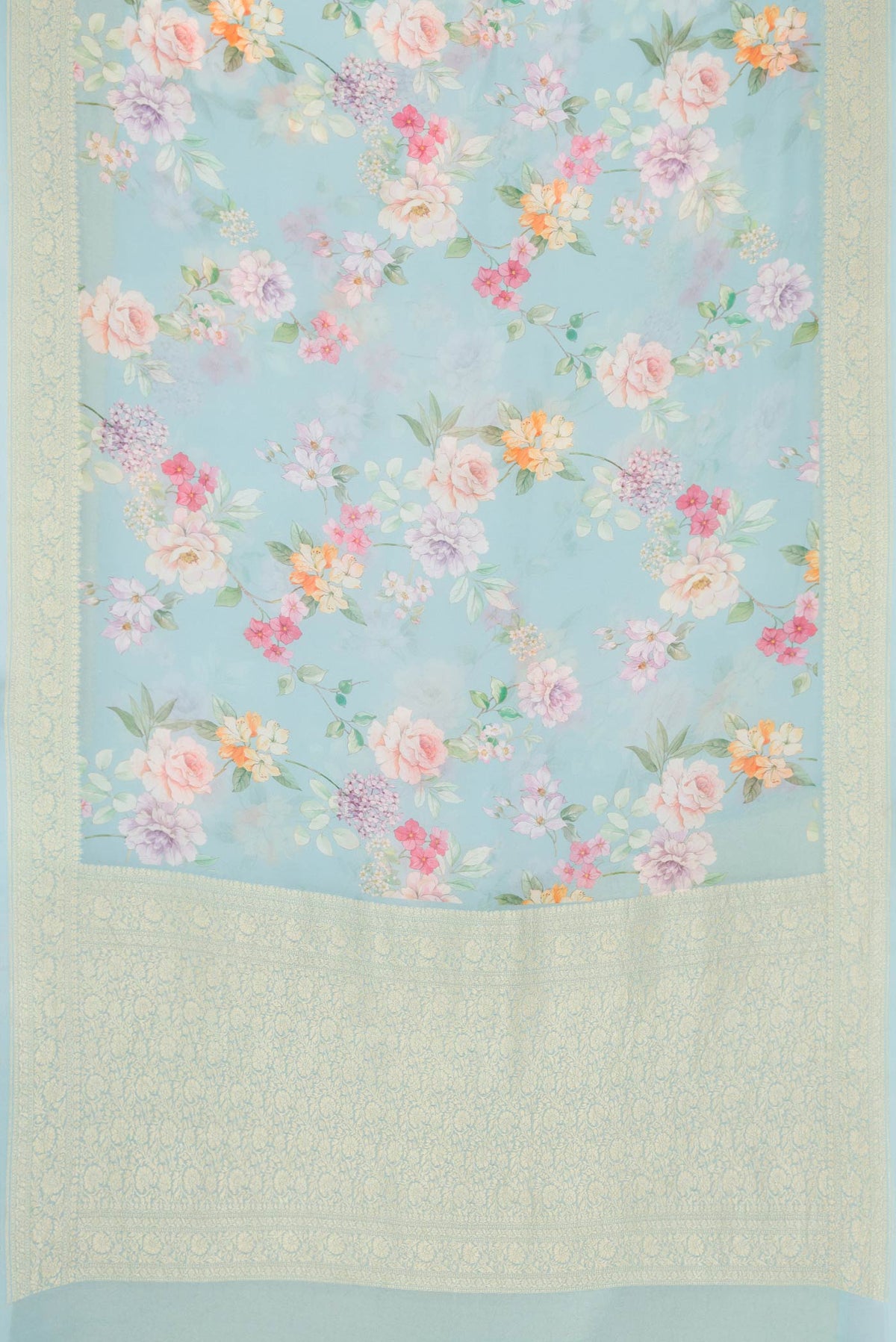 Flat view of Light Blue Dual Tone Mysore Georgette Saree with Printed design on the body and Zari Border