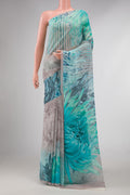 Grey Dual Tone Mysore Georgette SareePrinted design on the body and Without Border displayed on a mannequin