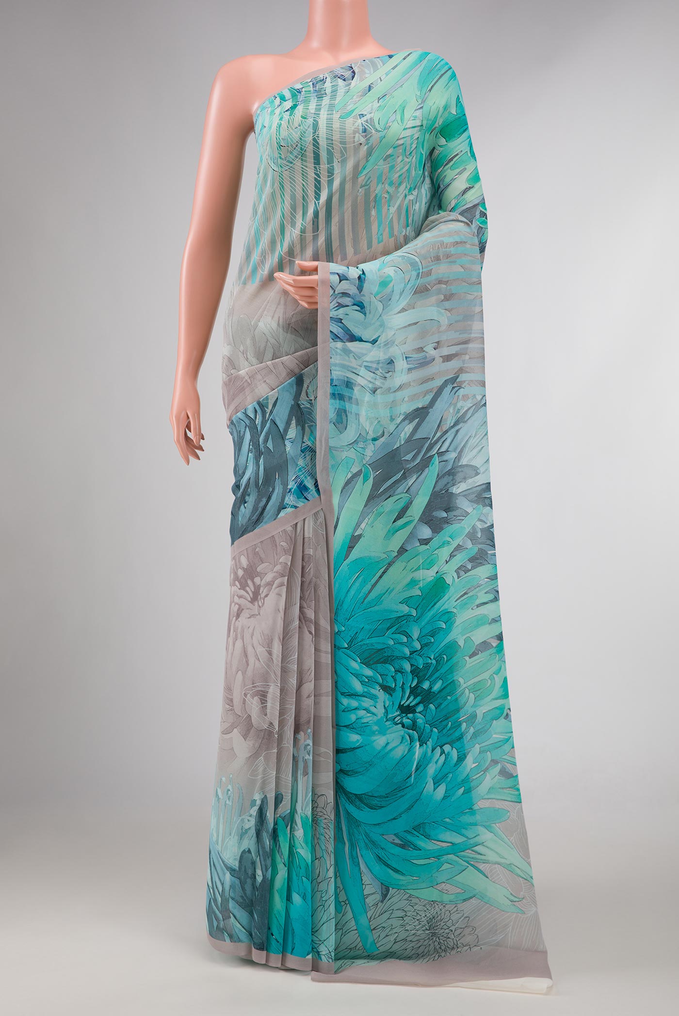 Grey Dual Tone Mysore Georgette SareePrinted design on the body and Without Border displayed on a mannequin