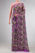 Lavender Dual Tone Mysore Georgette Saree with Printed design on the body and Plain Border displayed on a mannequin