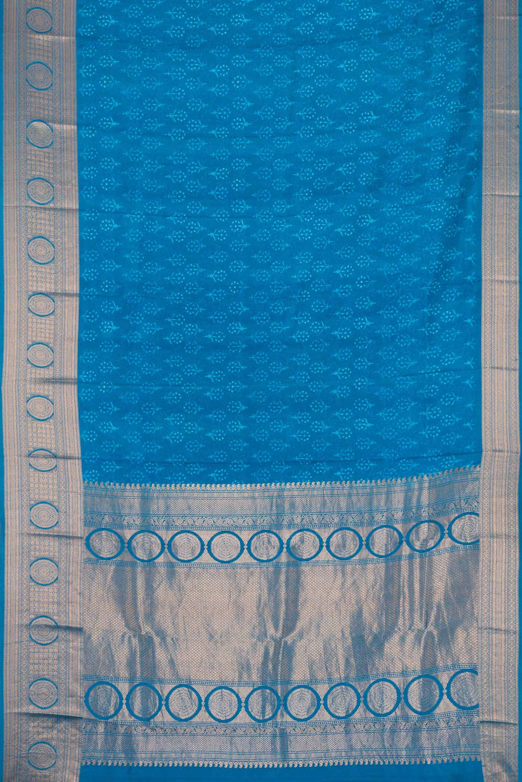 Flat view of Blue Dual Tone Kanchipuram Silk Saree with Printed design on the body and Zari Border