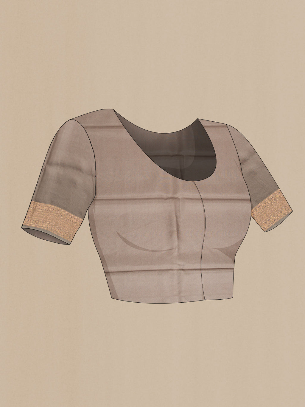 Close up image of the blouse of Grey Dual Tone Kanchipuram Silk Saree with Printed design on the body and Temple Border