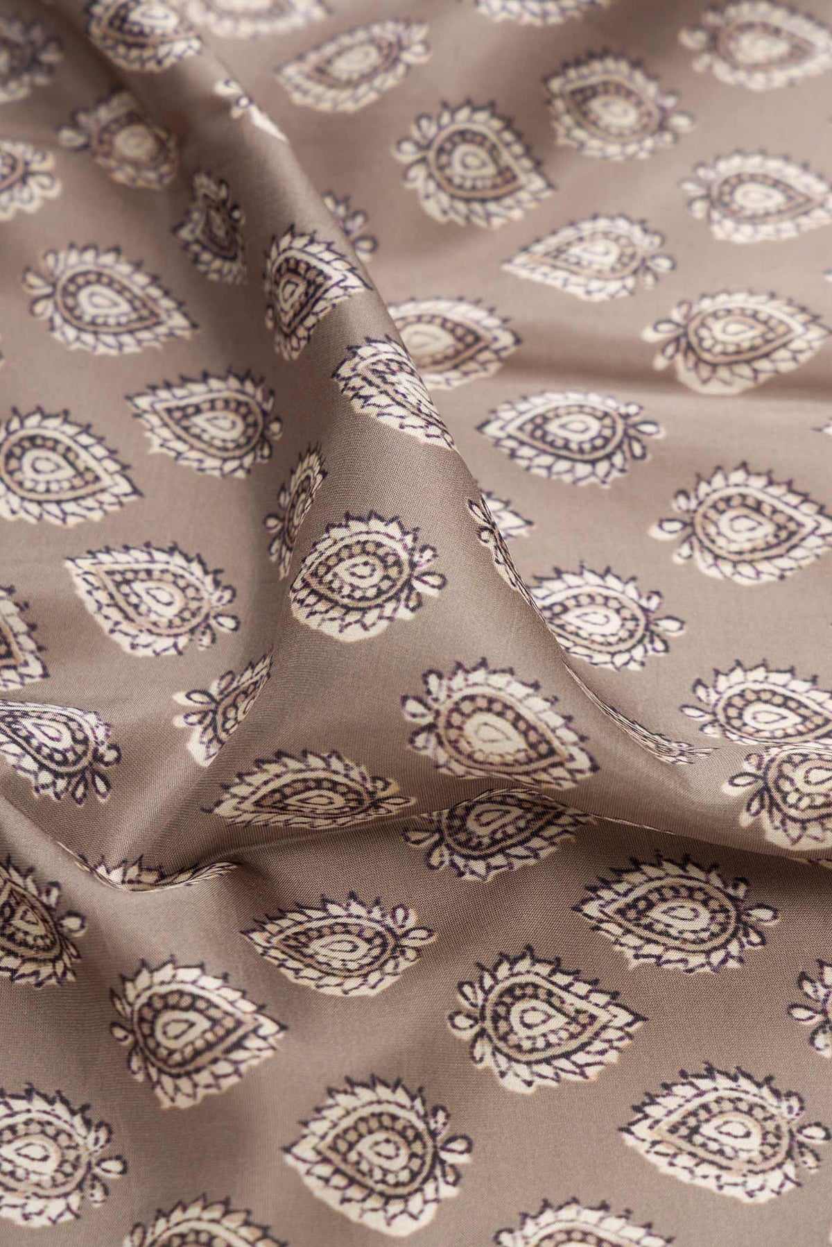 Close up of Grey Dual Tone Kanchipuram Silk Saree with Printed design on the body and Temple Border displaying folds