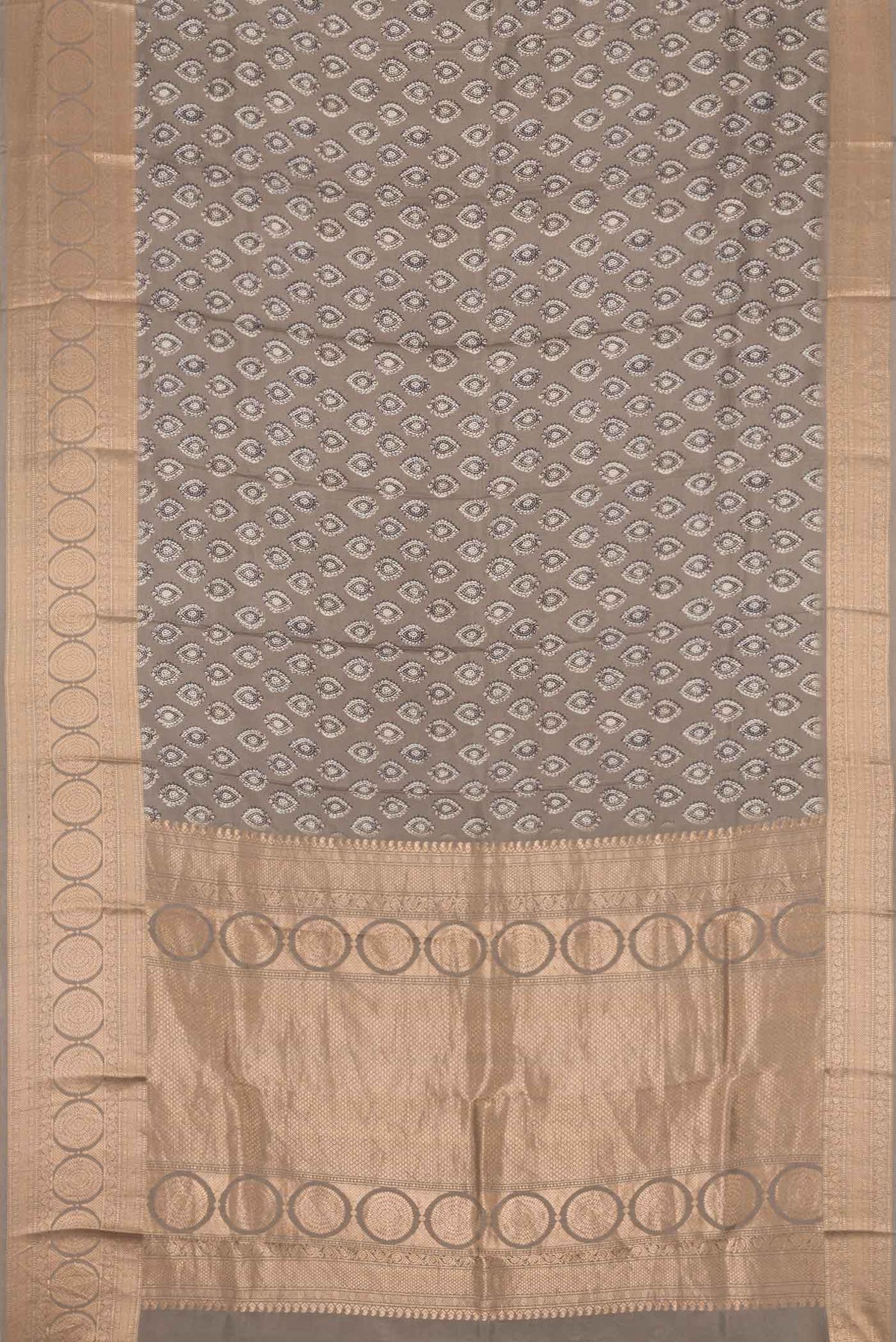 Flat view of Grey Dual Tone Kanchipuram Silk Saree with Printed design on the body and Temple Border