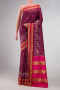 Purple Dual Tone Kanchipuram Silk Saree with Printed design on the body and Thread Border displayed on a mannequin