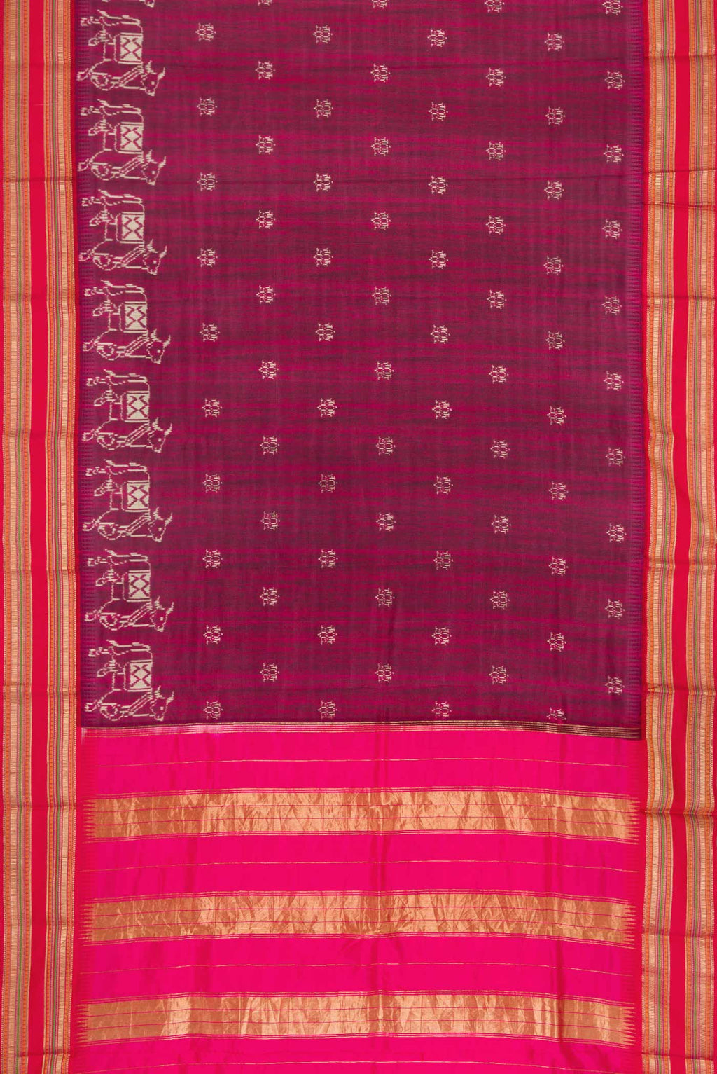Flat view of Purple Dual Tone Kanchipuram Silk Saree with Printed design on the body and Thread Border