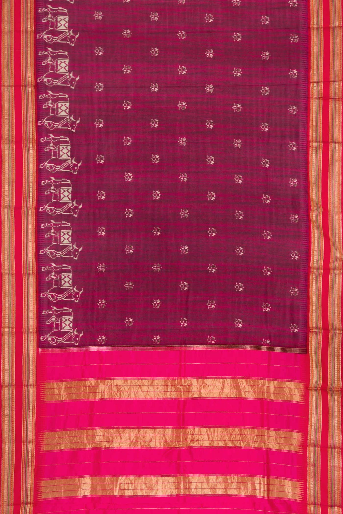Flat view of Purple Dual Tone Kanchipuram Silk Saree with Printed design on the body and Thread Border