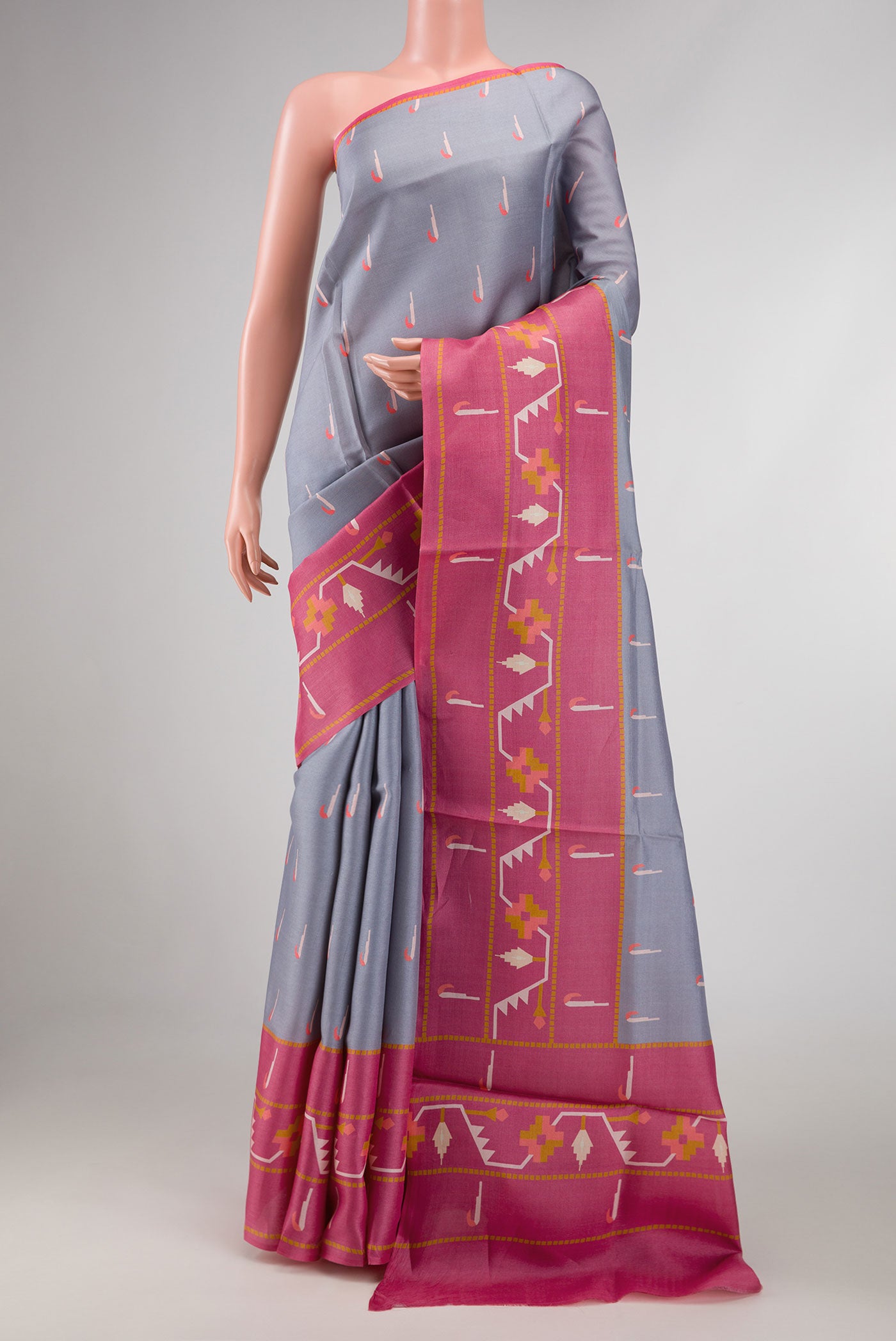 Grey Dual Tone Tussar Silk Saree with Thread Butta on the body and Thread Border displayed on a mannequin
