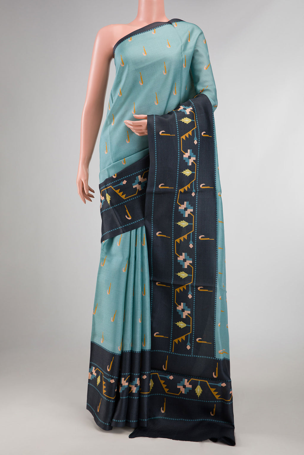 Grey Dual Tone Tussar Silk Saree with Thread Butta on the body and Thread Border displayed on a mannequin