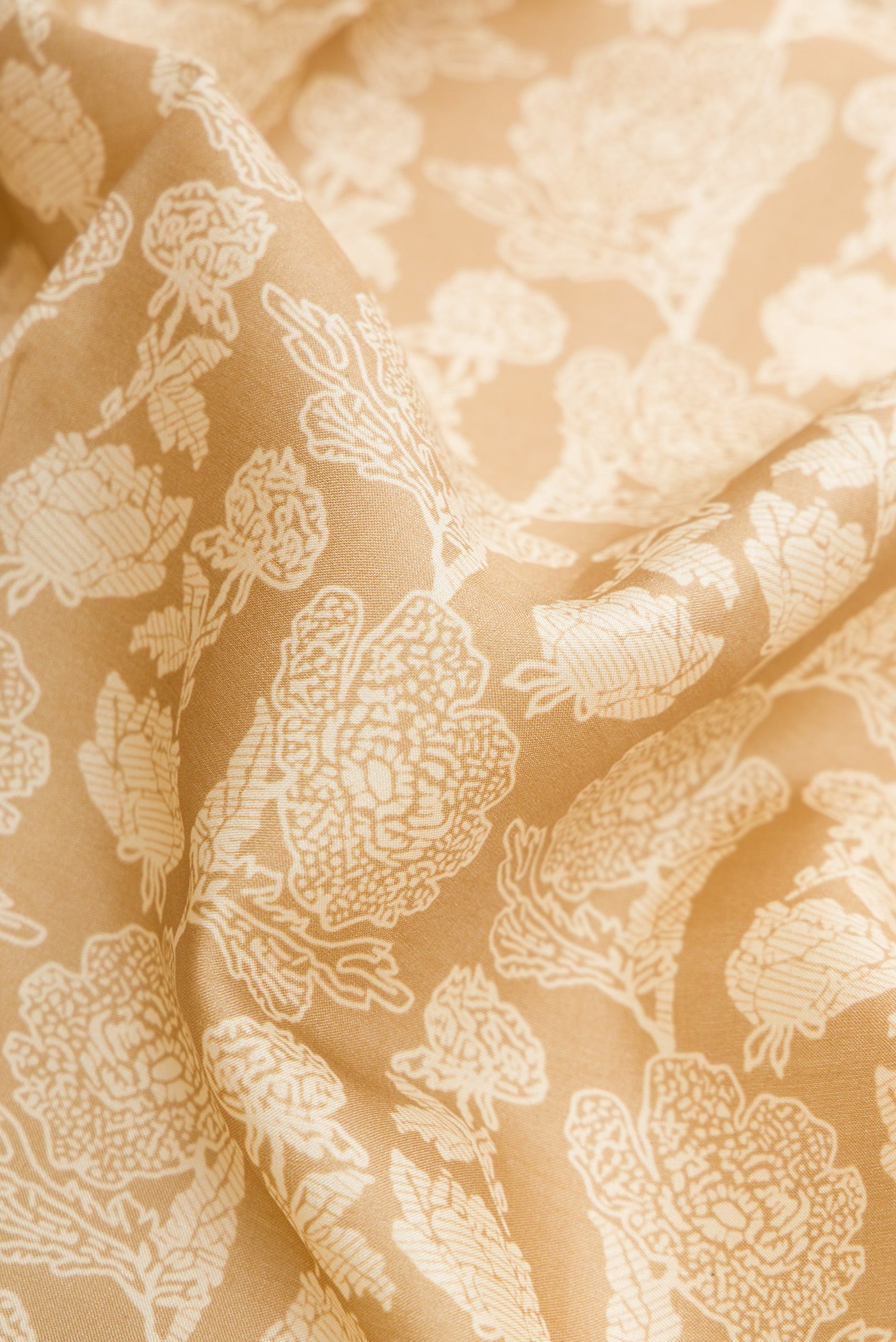 Close up of Beige Dual Tone Tussar Silk Saree with Printed design on the body and Printed Border.  displaying folds