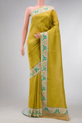 Parrot Green Dual Tone Mysore Georgette Saree with Plain Body and Fancy Border.  displayed on a mannequin