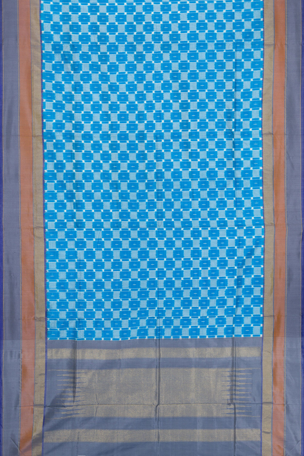 Flat view of Sky Blue Dual Tone Double Ikat Saree with Ikat Print on the body and Zari Border. 