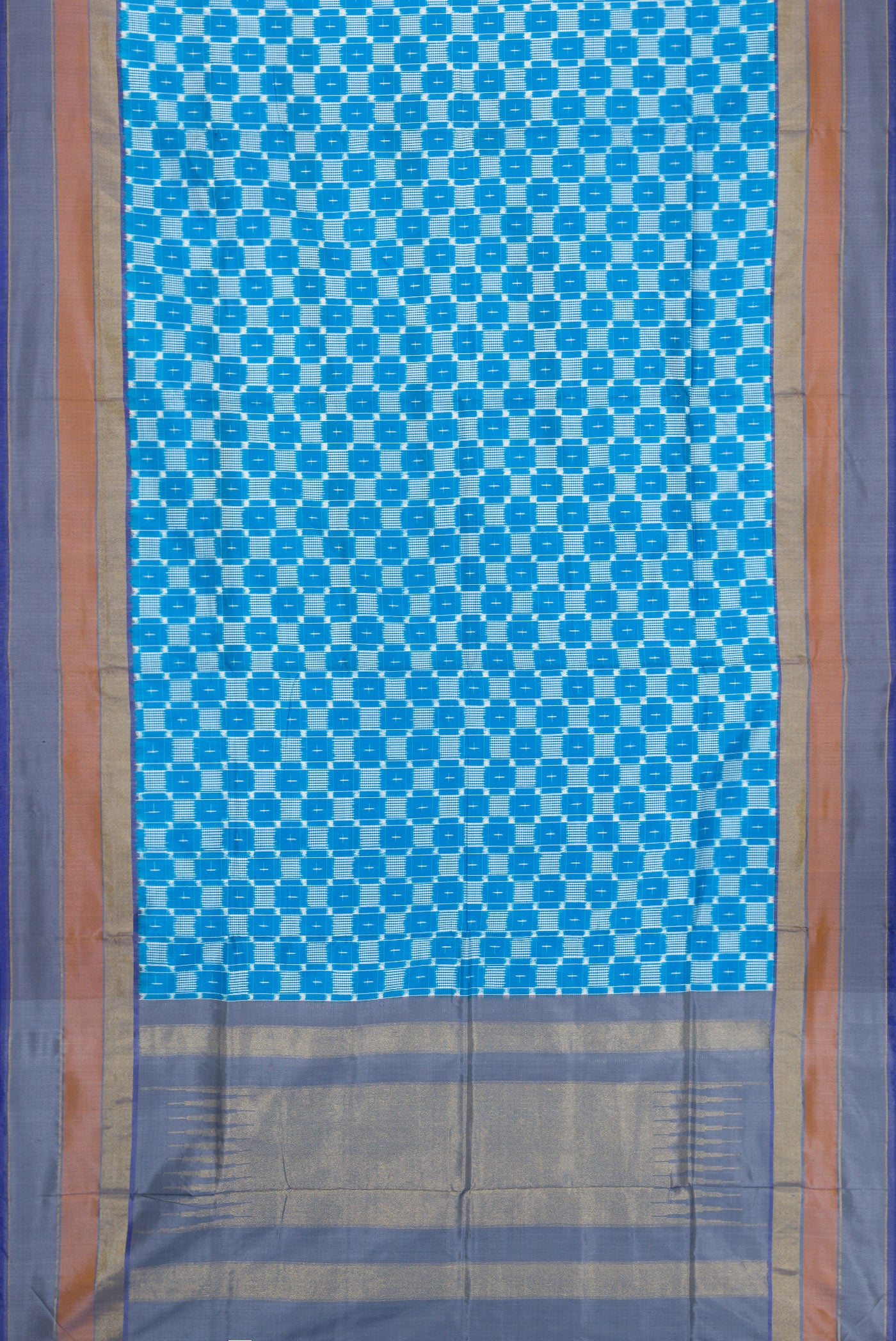 Flat view of Sky Blue Dual Tone Double Ikat Saree with Ikat Print on the body and Zari Border. 