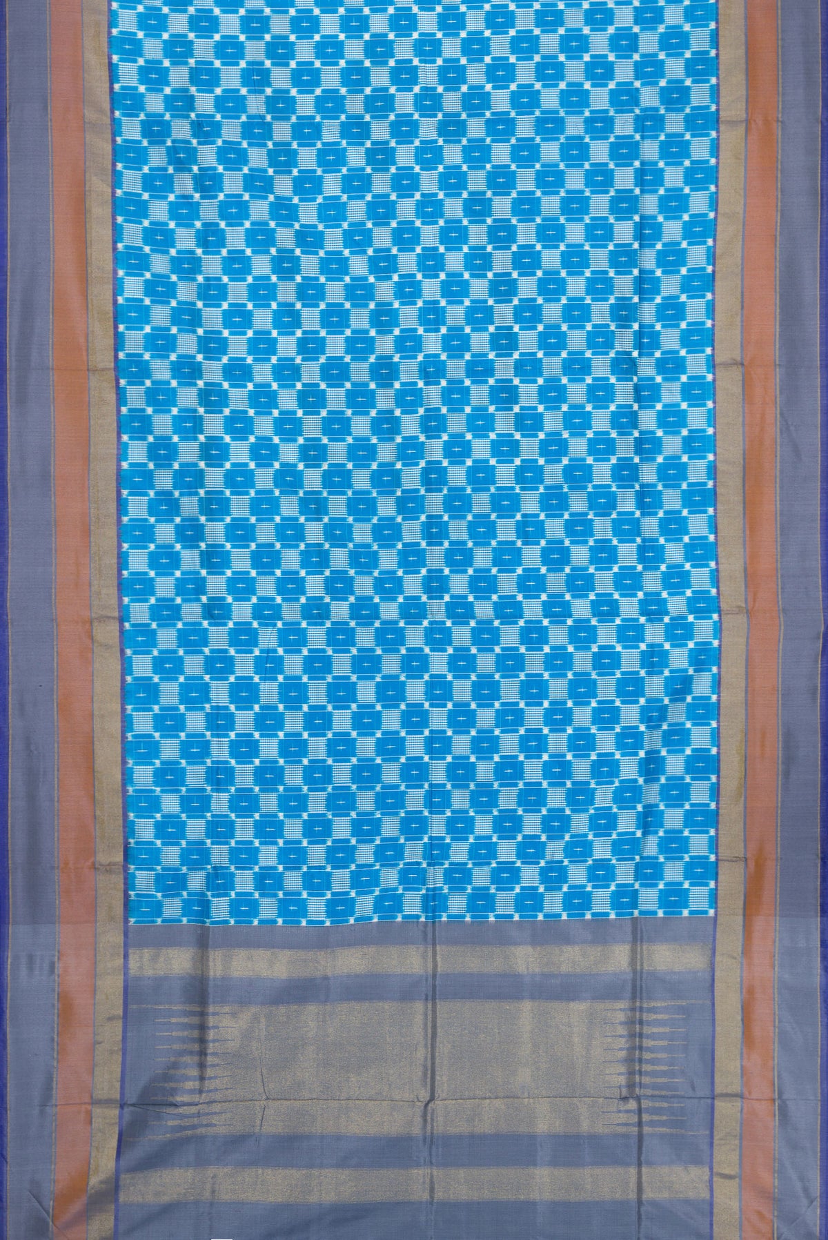 Flat view of Sky Blue Dual Tone Double Ikat Saree with Ikat Print on the body and Zari Border. 
