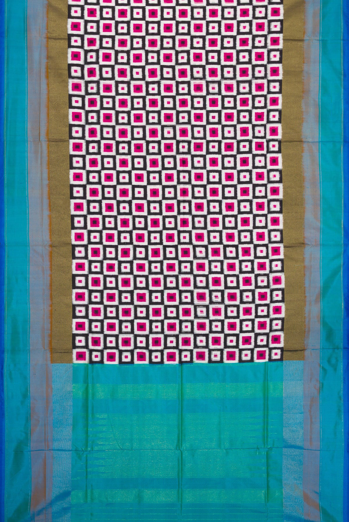 Flat view of Off White Dual Tone Double Ikat Saree with Ikat Print on the body and Zari Border. 