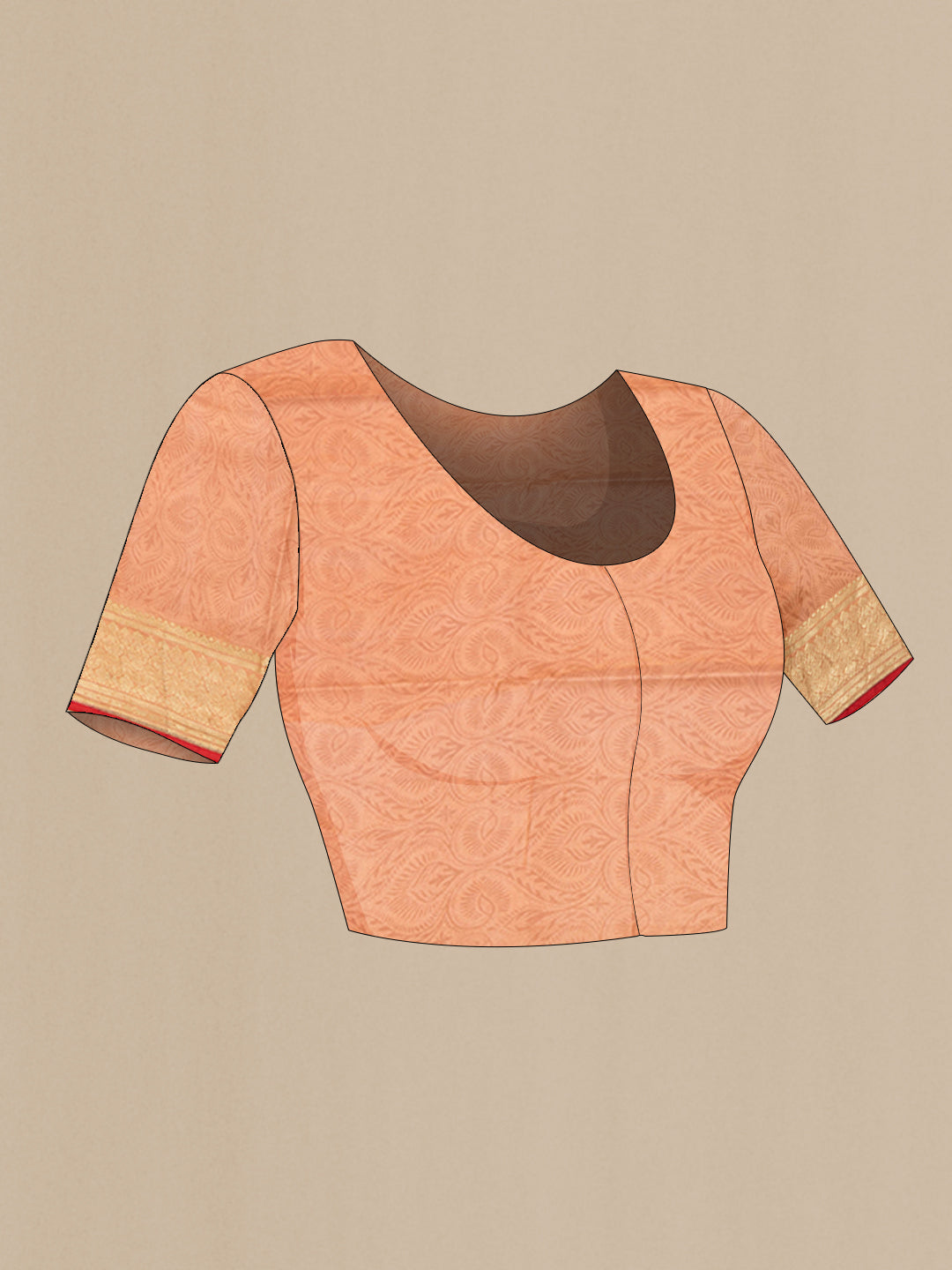 Close up image of the blouse of Peach Printed Silk Saree with Printed design on the body and Zari Border. 