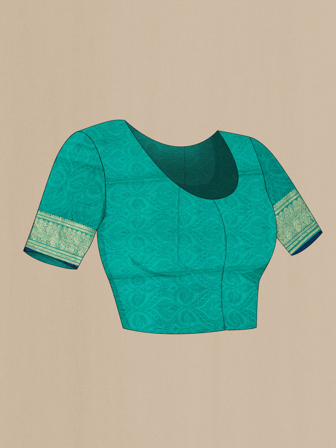 Close up image of the blouse of Teal Printed Silk Saree with Printed design on the body and Zari Border. 