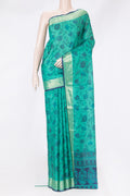 Teal Printed Silk Saree with Printed design on the body and Zari Border.  displayed on a mannequin