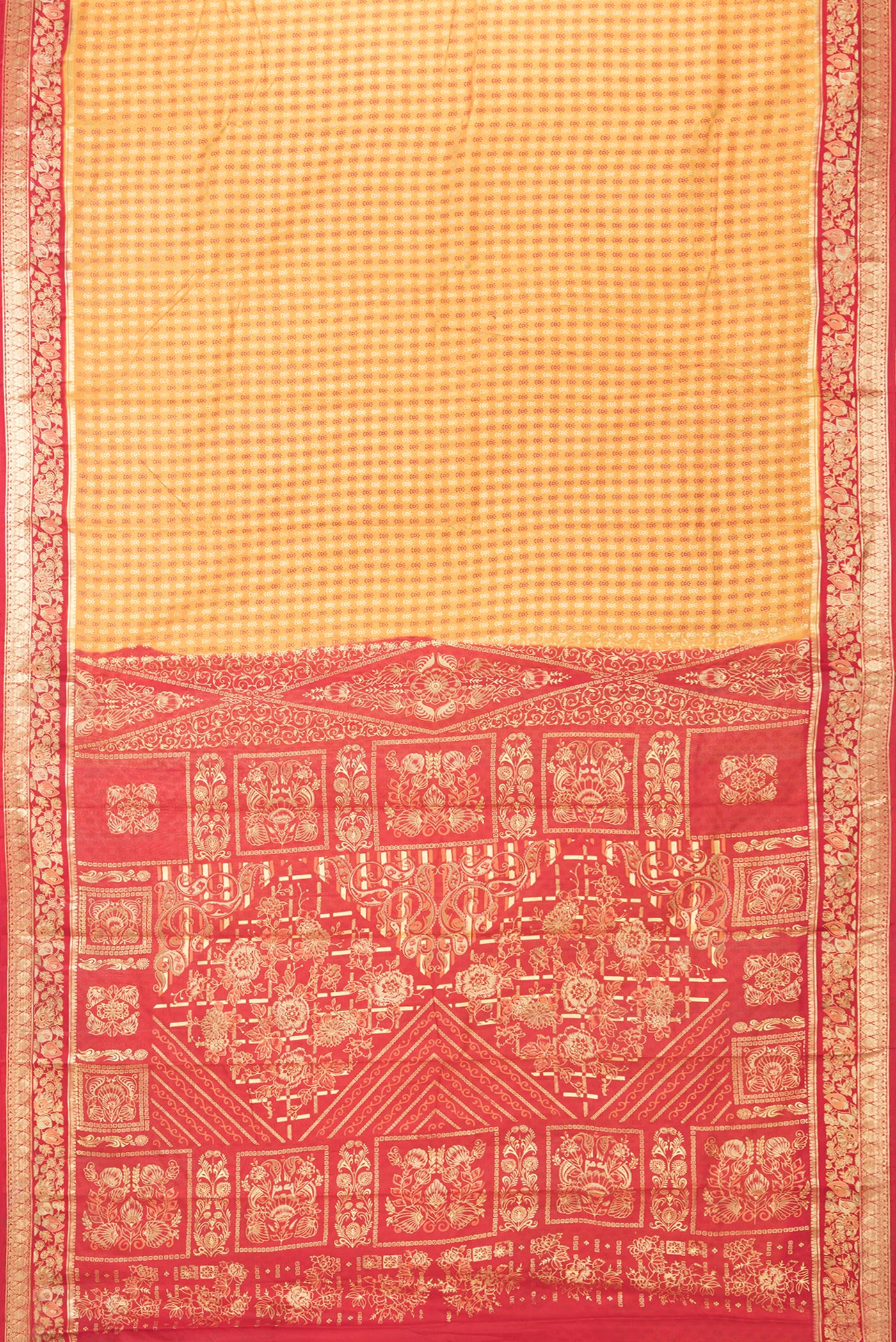 Flat view of Mustard Printed Silk Saree with Printed design on the body and Zari Border. 