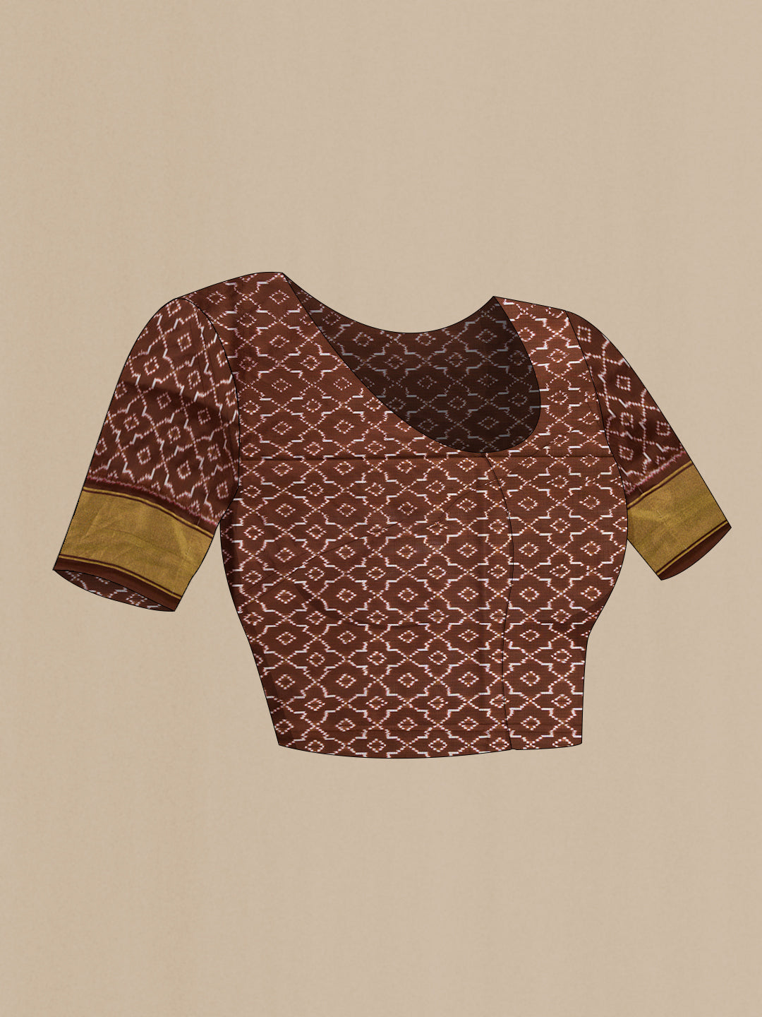 Close up image of the blouse of Brown Dual Tone Double Ikat Saree with Ikat Print on the body and Zari Border. 