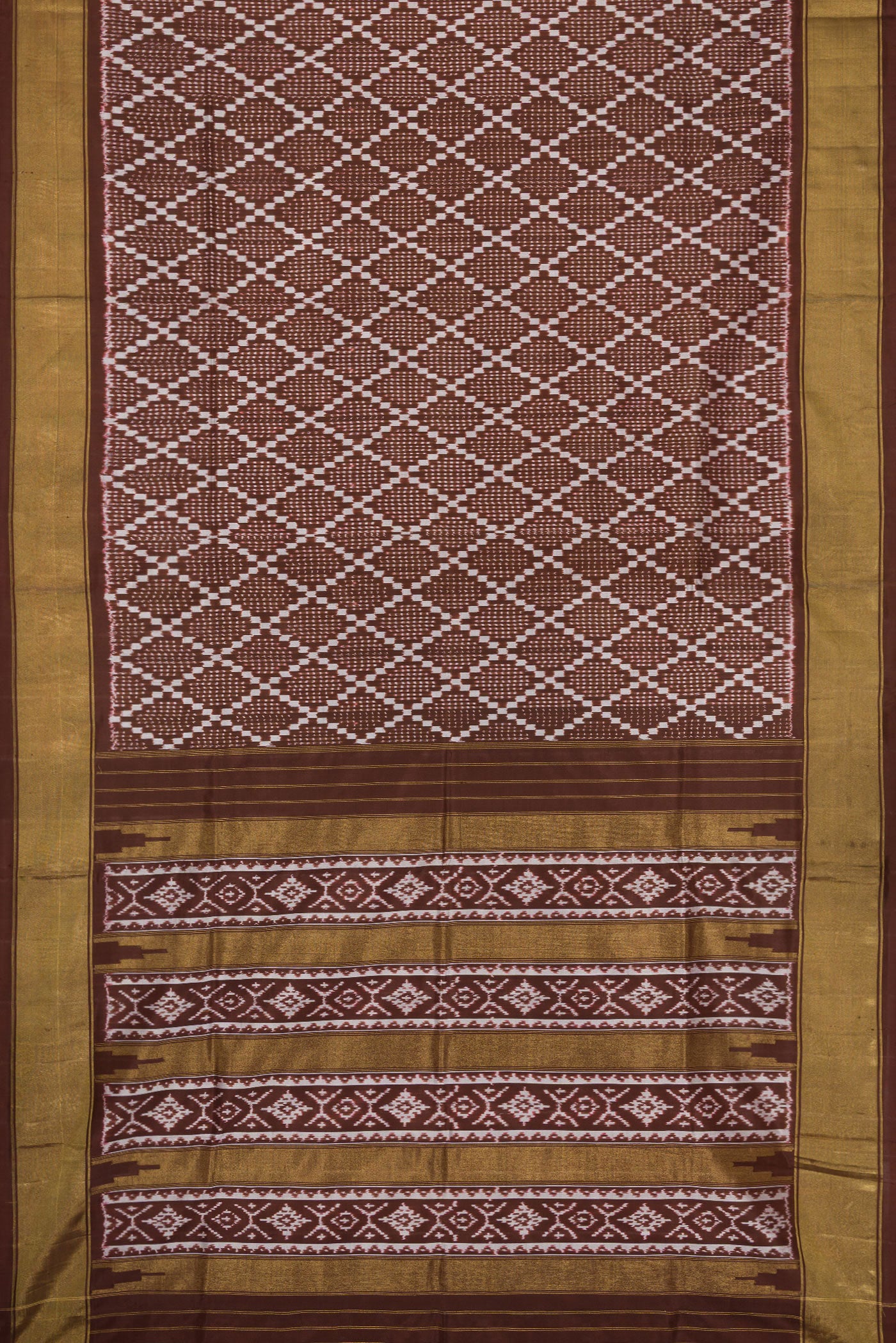 Flat view of Brown Dual Tone Double Ikat Saree with Ikat Print on the body and Zari Border. 