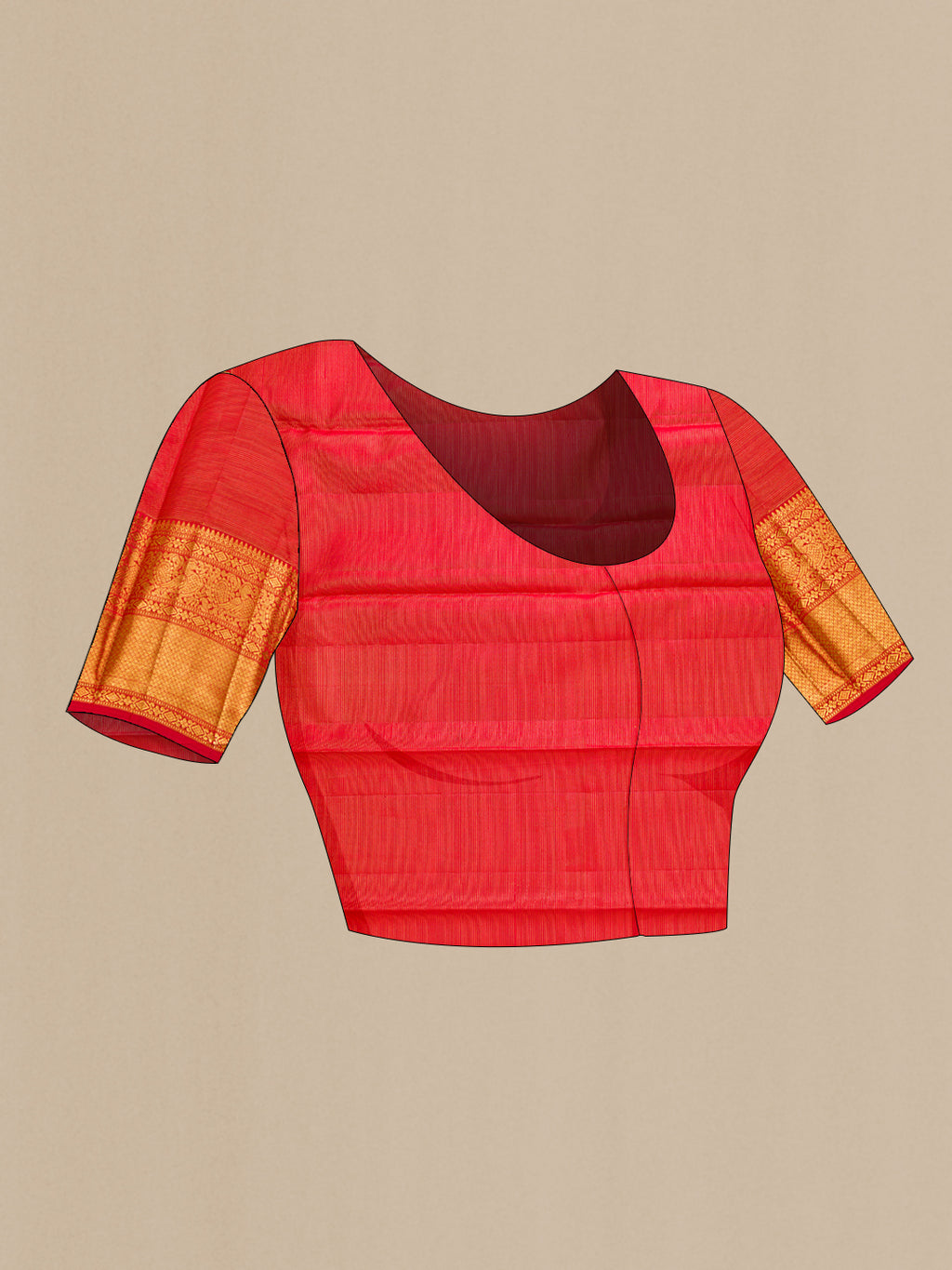 Close up image of the blouse of Red Dual Tone Kanchipuram Silk Saree with Zari Brocade on the body and Zari Border. 