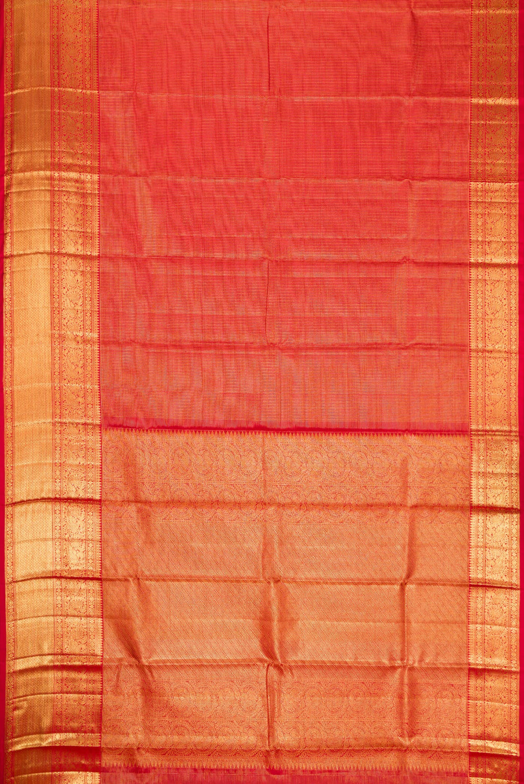 Flat view of Red Dual Tone Kanchipuram Silk Saree with Zari Brocade on the body and Zari Border. 